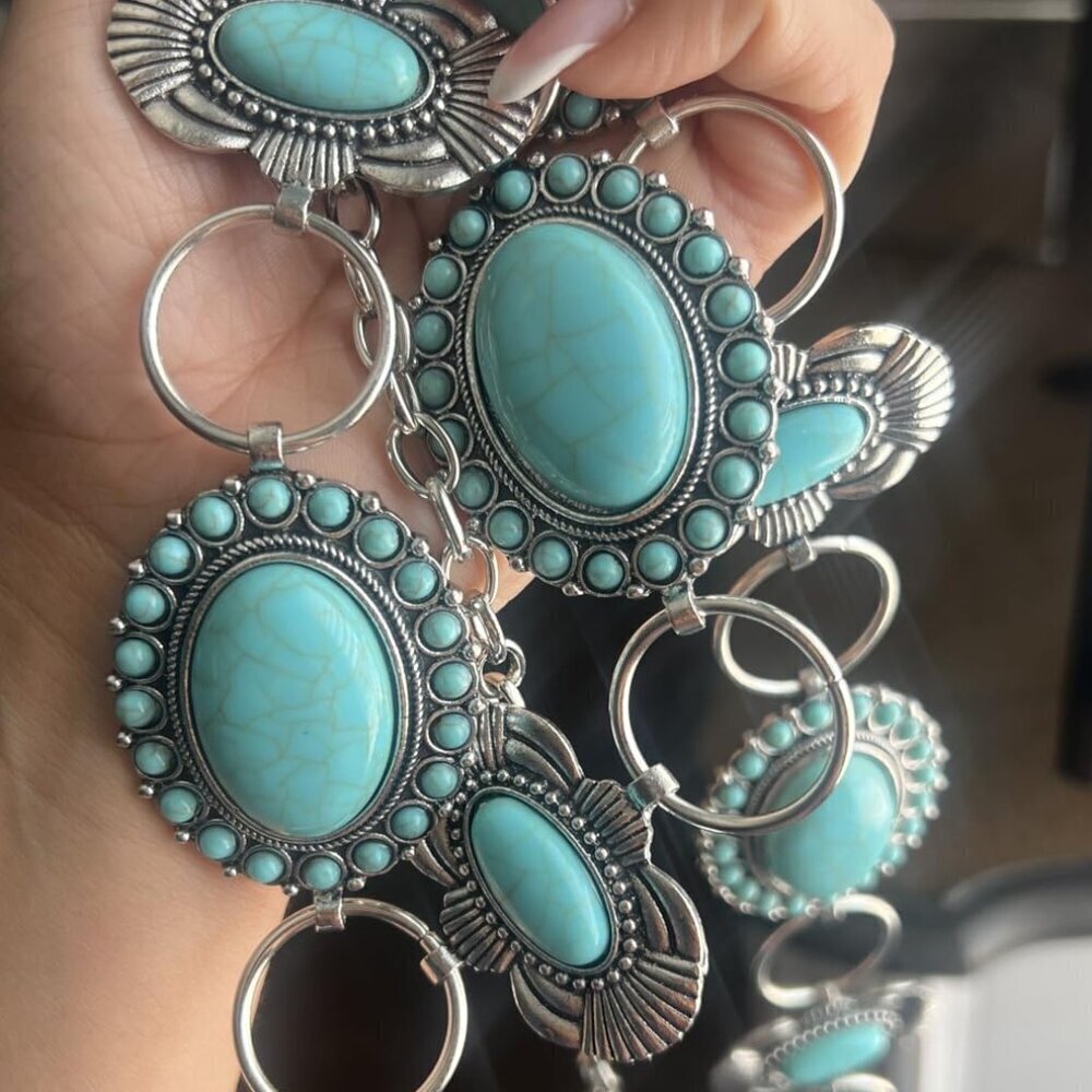Turquoise Concho Belt for Women Silver Western Chain Belt, Cowgirl Country belt - Picture 6 of 8